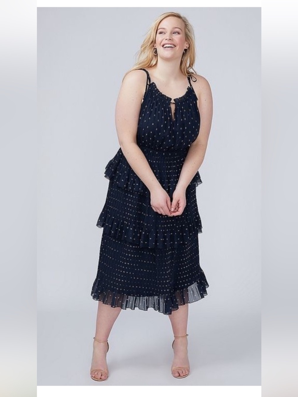 Lane Bryant Size 22 Navy Tiered Sleeveless Dress with Pink Dot Print